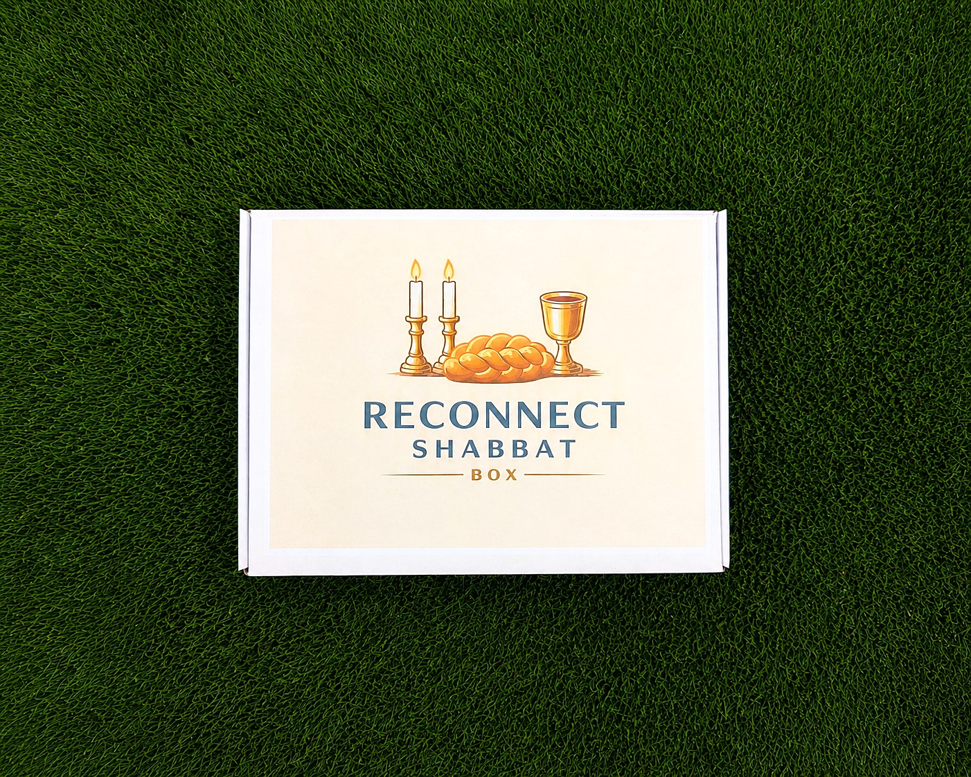 The Reconnect Shabbat Box sitting on green grass
